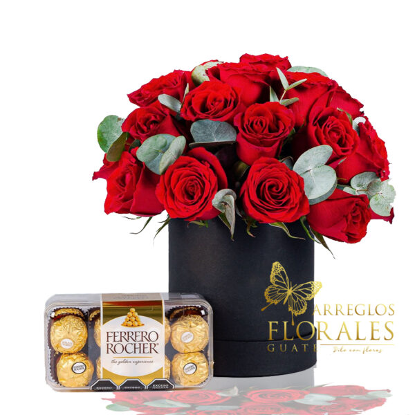 Arreglo floral con chocolates