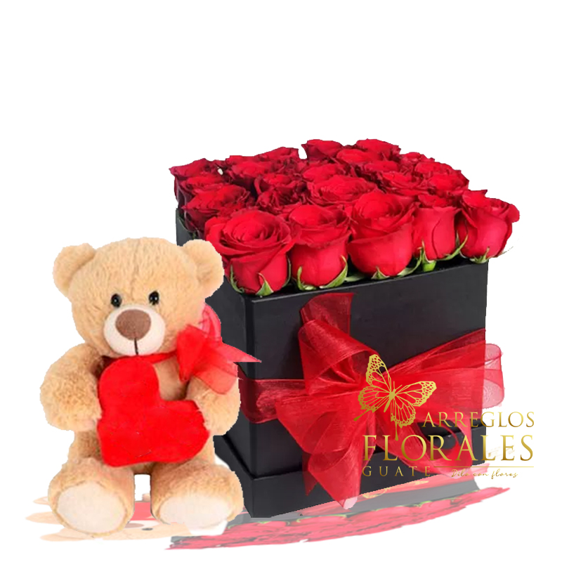 Caja de rosas rojas y oso